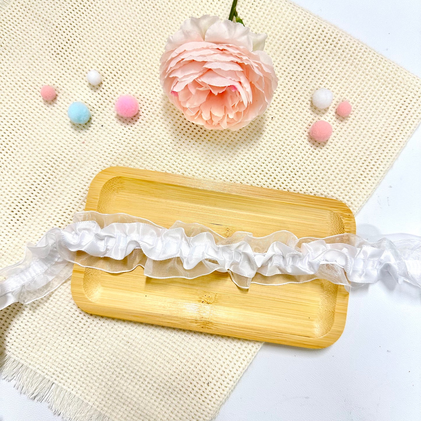 100cm Stretchy Satin & Lace Ribbon: White