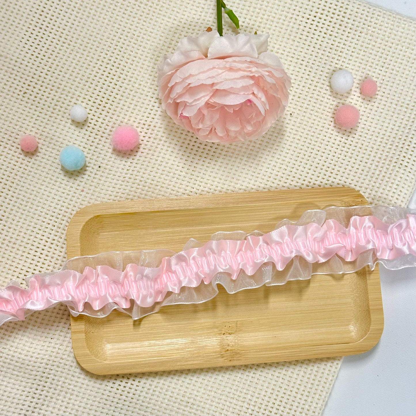 100cm Stretchy Satin & Lace Ribbon: Baby Pink