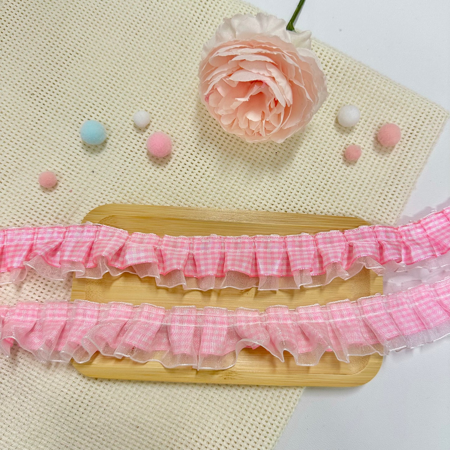 100cm Satin-Lace Checkered Ribbon: Pink-White