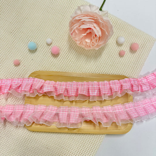 100cm Satin-Lace Checkered Ribbon: Pink-White