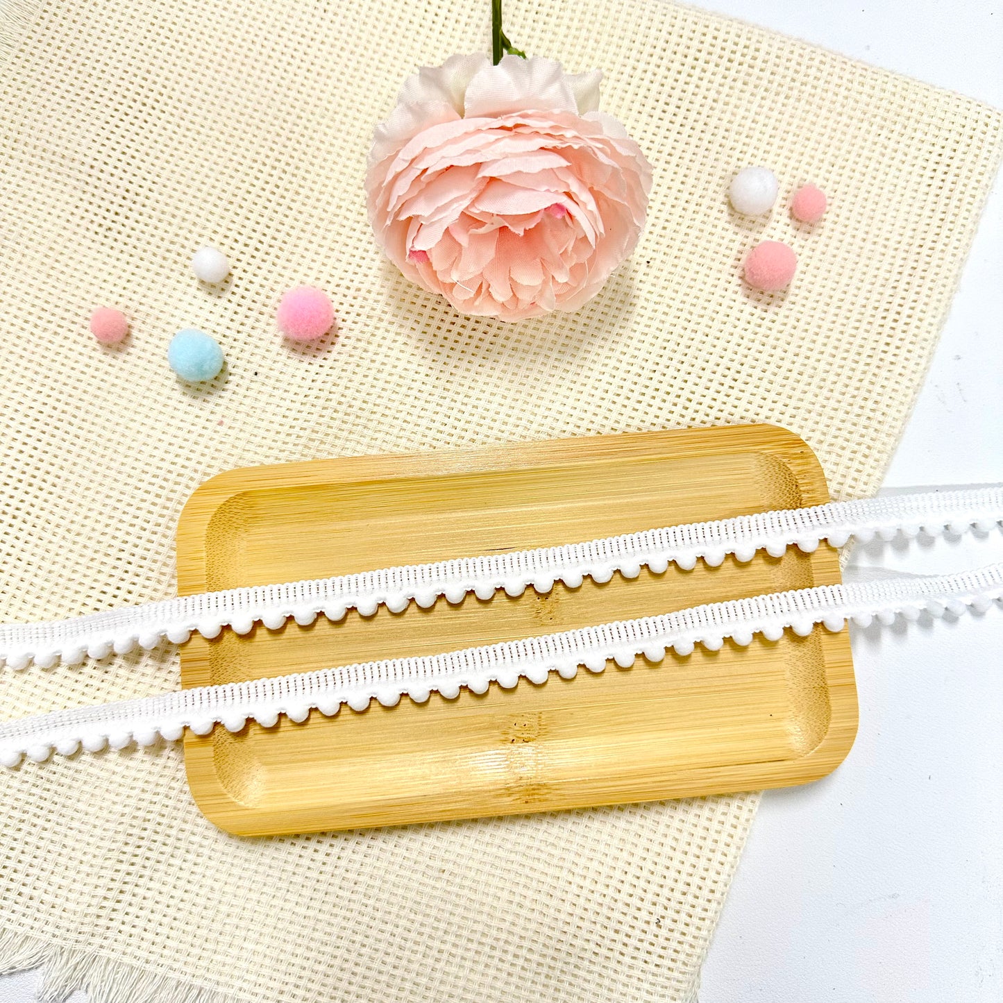 100cm Pom Pom Ribbon: White