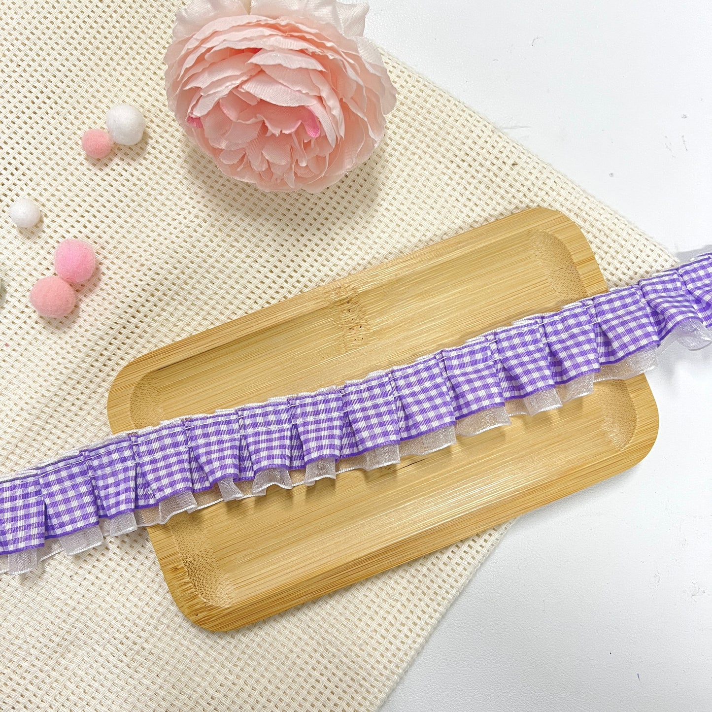 100cm Satin-Lace Checkered Ribbon: Purple-White